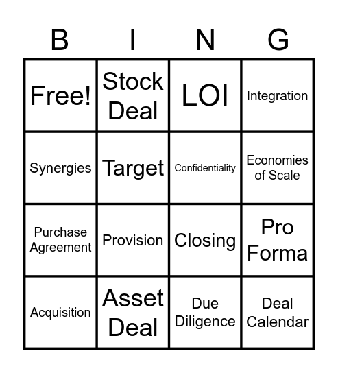 M&A Jargon Bingo Card