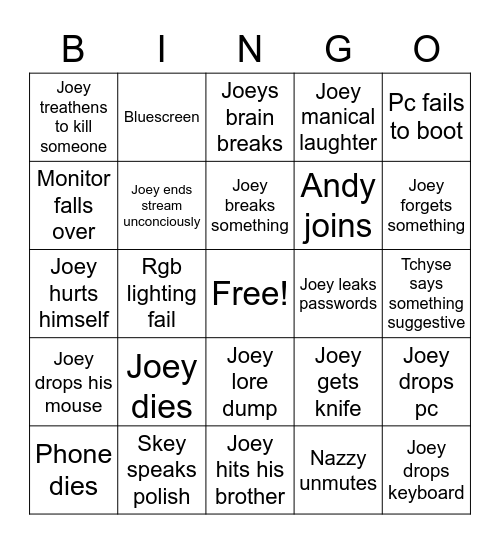 joey uncbixx compuer Bingo Card