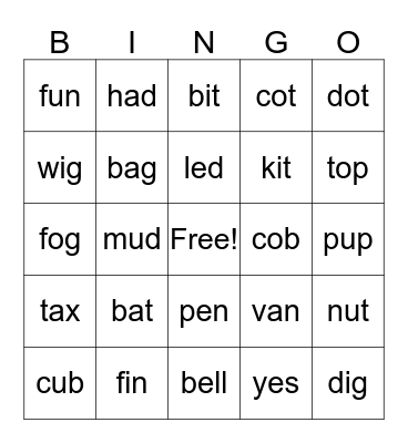 SHORT VOWEL Bingo Card