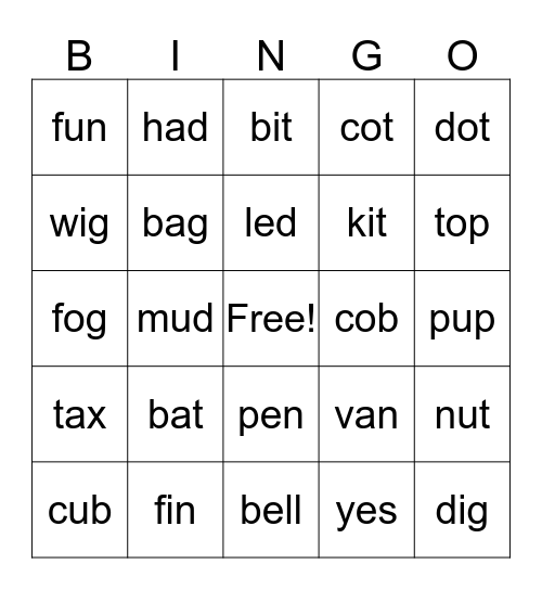 SHORT VOWEL Bingo Card