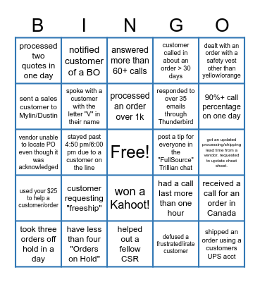 FS CSR Bingo Card