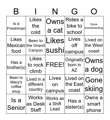 Student Unions BINGO Card