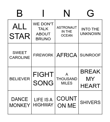 Camp Aspire Music Bingo Card