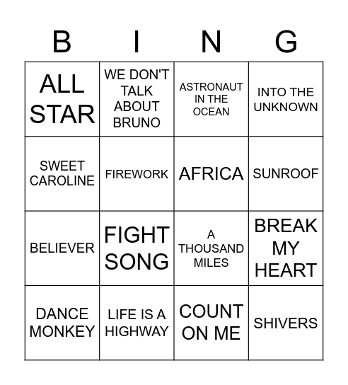 Camp Aspire Music Bingo Card