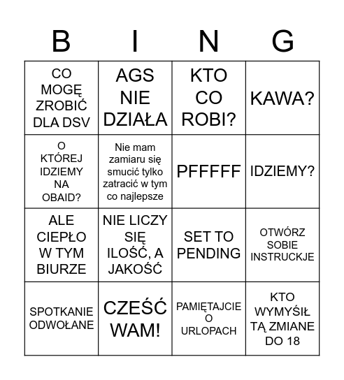 DZIEŃ Z ŻYCIA W DSV Bingo Card