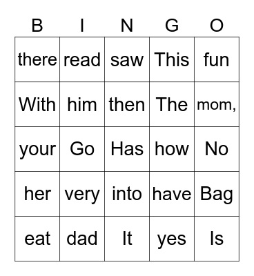 Sight Words Bingo Card