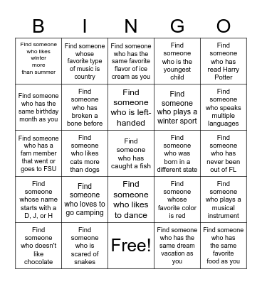 Get to Know Each Other Bingo Card