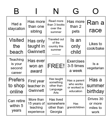 Back to School Bingo Card