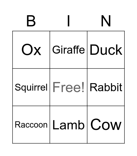 Animals Bingo Card