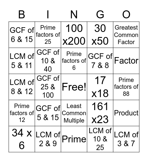 GCF, LCM, Prime Factorization Bingo Card