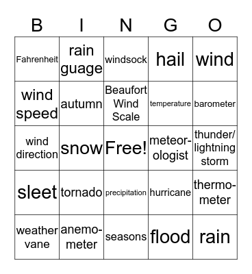 weather vocabulary Bingo Card