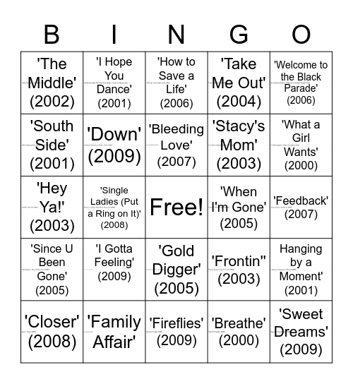 2000's Music Bingo Card