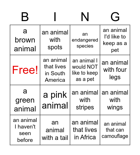 Franklin Park Zoo Bingo Card