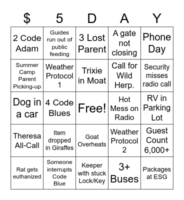 $5 Day Bingo Card
