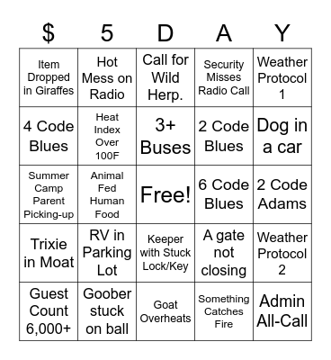 $5 Day Bingo Card