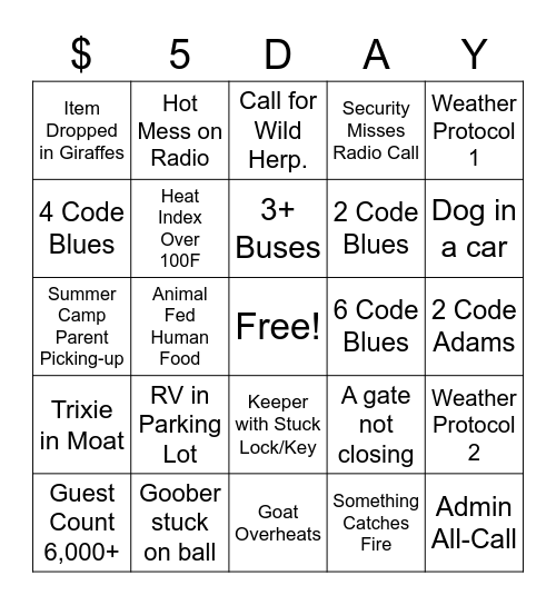 $5 Day Bingo Card