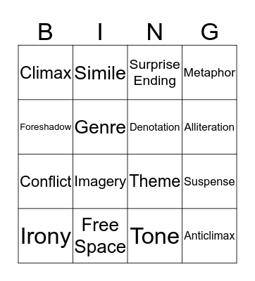Literary Defintions Bingo Card