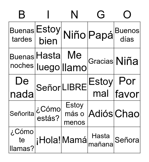 Spanish Vocabulary Unit 1 Bingo Card