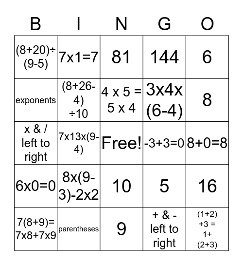 ORDER OF OPERATIONS & PROPERTIES Bingo Card