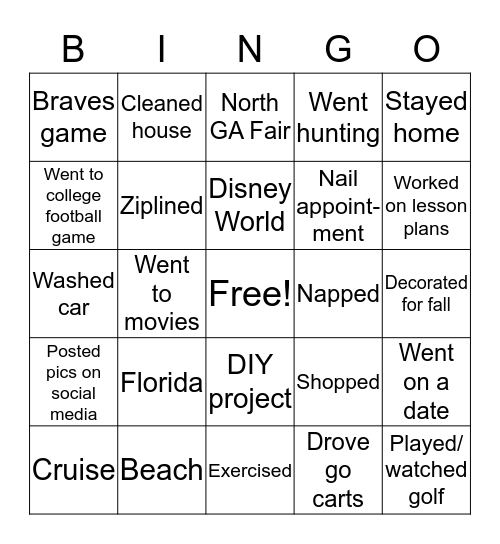 Fall Break Bingo Card