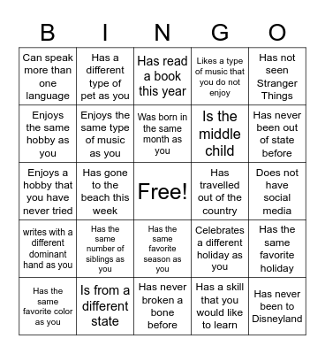 Getting to know you Bingo Card