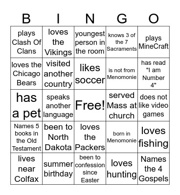 St. Joe's 6th Grade GIFT Bingo Card