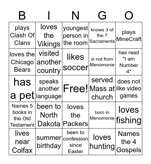 St. Joe's 6th Grade GIFT Bingo Card
