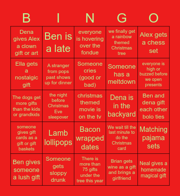 Johnson family Christmas bingo Card