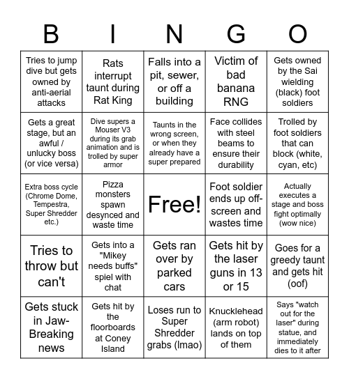 Shredder's Revenge Streamer Tropes Bingo Card