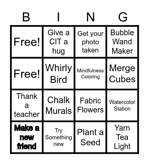Summer Camp Bingo Card