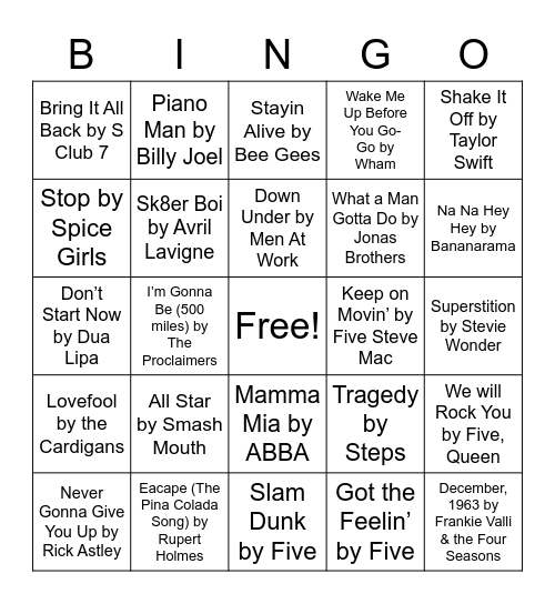 Music Bingo 80s, 90s, 00s Bingo Card