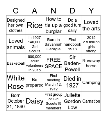 Juliette Candy Bingo Card