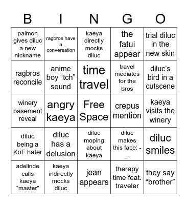diluc event bingo Card