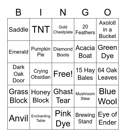 Mionecraft bingo Card
