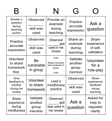 DBT Skills Group Bingo Card