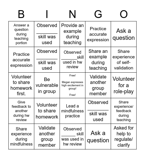 DBT Skills Group Bingo Card