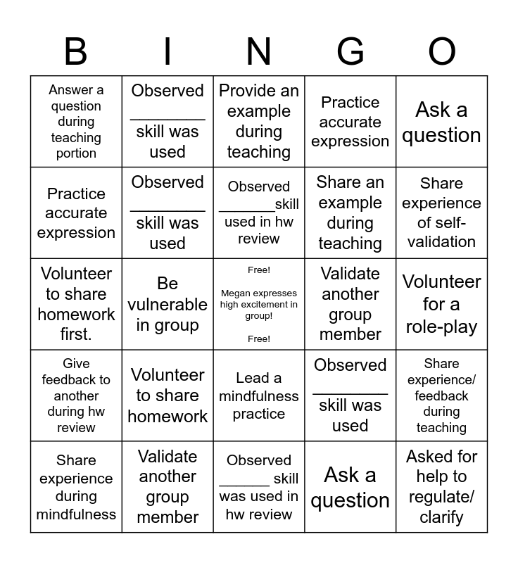 DBT Skills Group Bingo Card