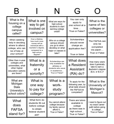 College Lingo Bingo Card