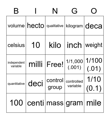 Science Intro Bingo Card