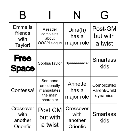 OrionActual Fanfic Bingo Card