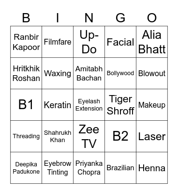 Bollywood Bingo Card