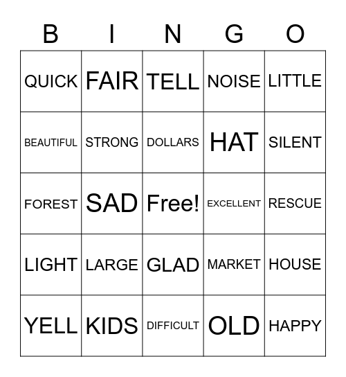 ~ SYNONYM BINGO ~ Bingo Card