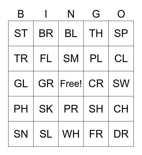 Consonant Blends Bingo Card