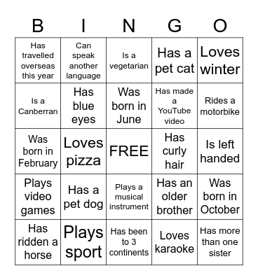 Getting to know each other Bingo Card