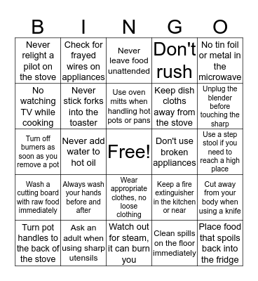 Kitchen Safety Bingo Card