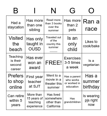 Back to School Bingo Card