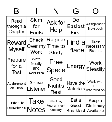 Study/ Test Taking Bingo Card