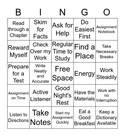 Study/ Test Taking Bingo Card