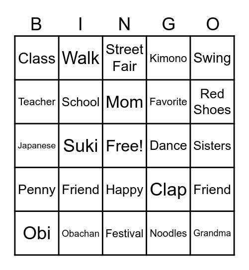 Suki’s Kimono Bingo Card