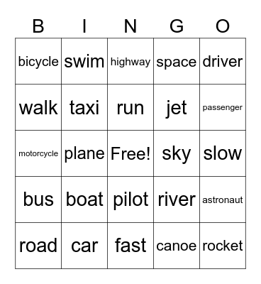 Transportation Bingo Card